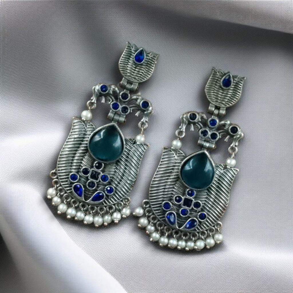 Bulk 1080 Silver Look alike Unique Lotus Earrings with Pearl Detailing – Elephant Dangler Jewelry - "Blue "