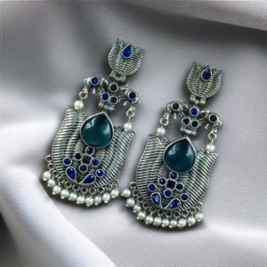 Silver Look alike Unique Lotus Earrings with Pearl Detailing – Elephant Dangler Jewelry - color: "Blue "