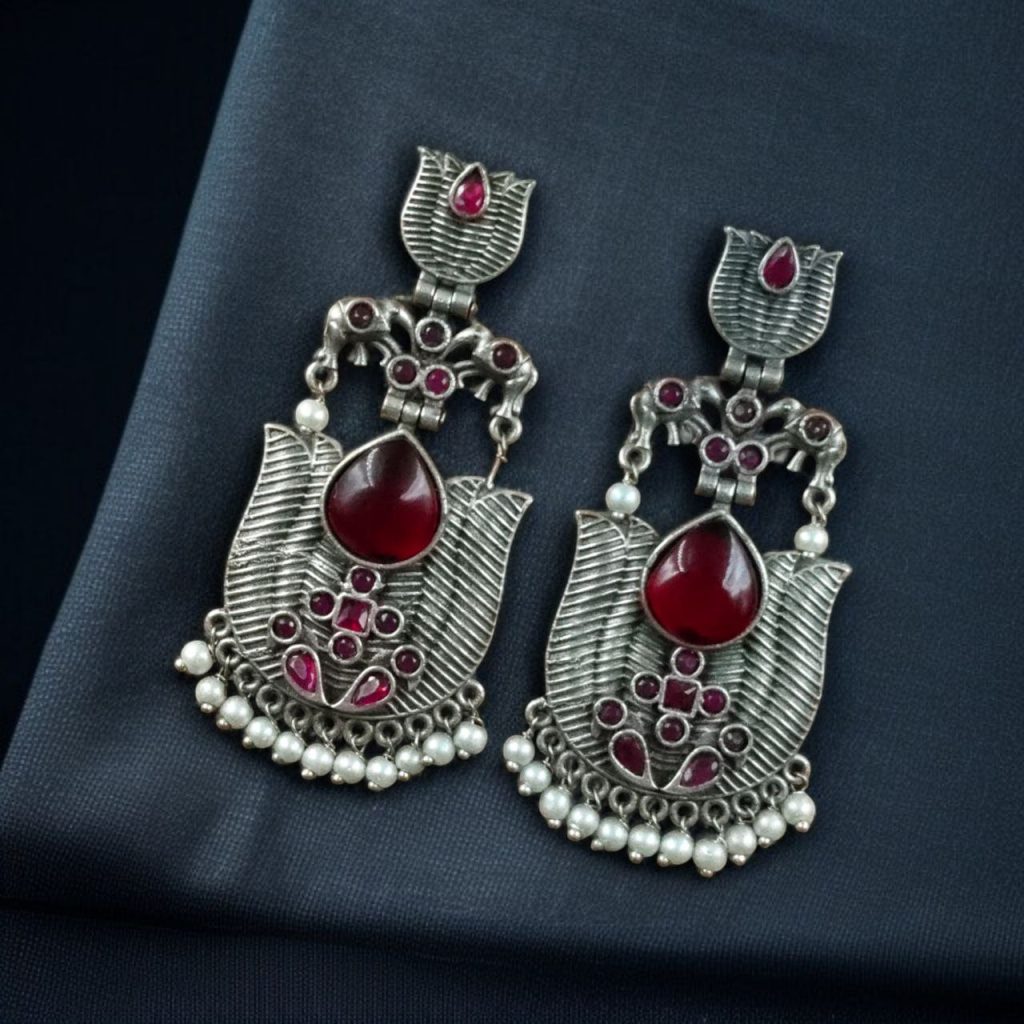 Bulk 1090 Silver Look alike Unique Lotus Earrings with Pearl Detailing – Elephant Dangler Jewelry - "Red "