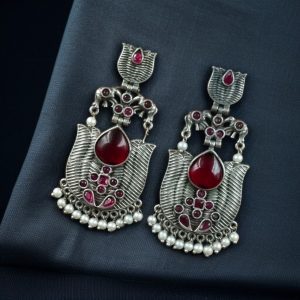 Silver Look alike Unique Lotus Earrings with Pearl Detailing – Elephant Dangler Jewelry - color: "Red "