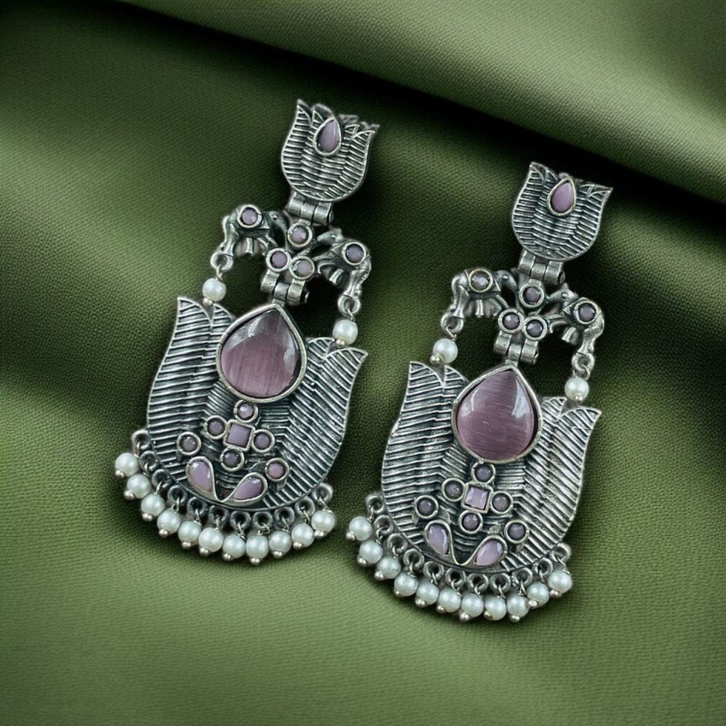 Bulk 1082 Silver Look alike Unique Lotus Earrings with Pearl Detailing – Elephant Dangler Jewelry - "Baby Pink"