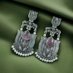 Silver Look alike Unique Lotus Earrings with Pearl Detailing – Elephant Dangler Jewelry - "Baby Pink"