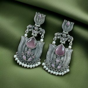 Silver Look alike Unique Lotus Earrings with Pearl Detailing – Elephant Dangler Jewelry - color: "Baby Pink"