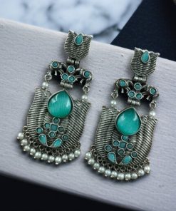 Silver look-alike lotus earrings with pearls and elephant dangler