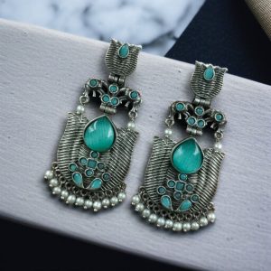 Silver Look alike Unique Lotus Earrings with Pearl Detailing – Elephant Dangler Jewelry - color: "Mint"