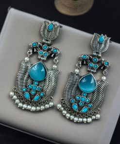 Silver look-alike lotus earrings with pearls and elephant dangler