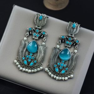 Silver Look alike Unique Lotus Earrings with Pearl Detailing – Elephant Dangler Jewelry - color: "Aqua "