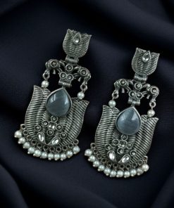 Silver look-alike lotus earrings with pearls and elephant dangler