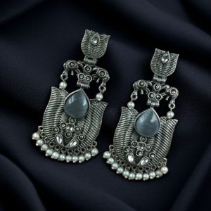 Silver Look alike Unique Lotus Earrings with Pearl Detailing – Elephant Dangler Jewelry - color: "Grey"