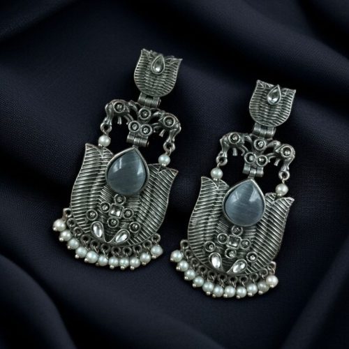 Silver look-alike lotus earrings with pearls and elephant dangler