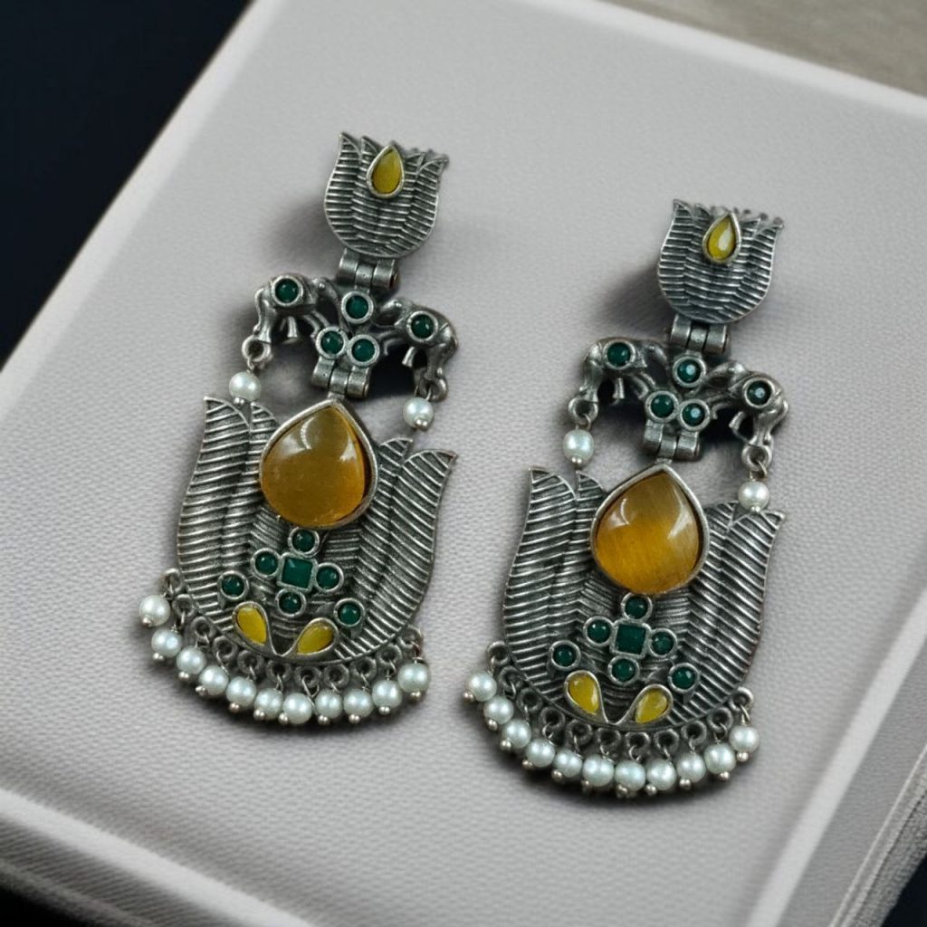 Bulk 1092 Silver Look alike Unique Lotus Earrings with Pearl Detailing – Elephant Dangler Jewelry - "Yellow"