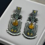 Silver Look alike Unique Lotus Earrings with Pearl Detailing – Elephant Dangler Jewelry - "Yellow"