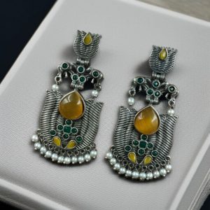 Silver Look alike Unique Lotus Earrings with Pearl Detailing – Elephant Dangler Jewelry - color: "Yellow"