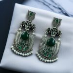 Silver Look alike Unique Lotus Earrings with Pearl Detailing – Elephant Dangler Jewelry - "Green"