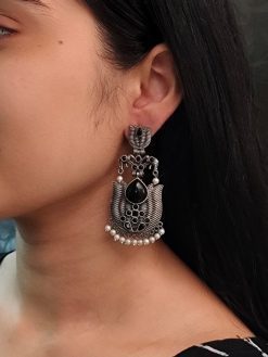 Silver look-alike lotus earrings with pearls and elephant dangler