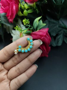 Best Handcrafted Gold Plated Nosepin with Stone and Pearl Detailing - color: "Aqua"