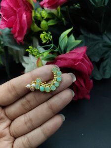 Best Handcrafted Gold Plated Nosepin with Stone and Pearl Detailing - color: "Mint"