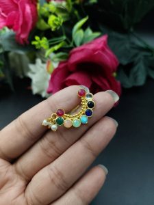 Best Handcrafted Gold Plated Nosepin with Stone and Pearl Detailing - color: "Multi"