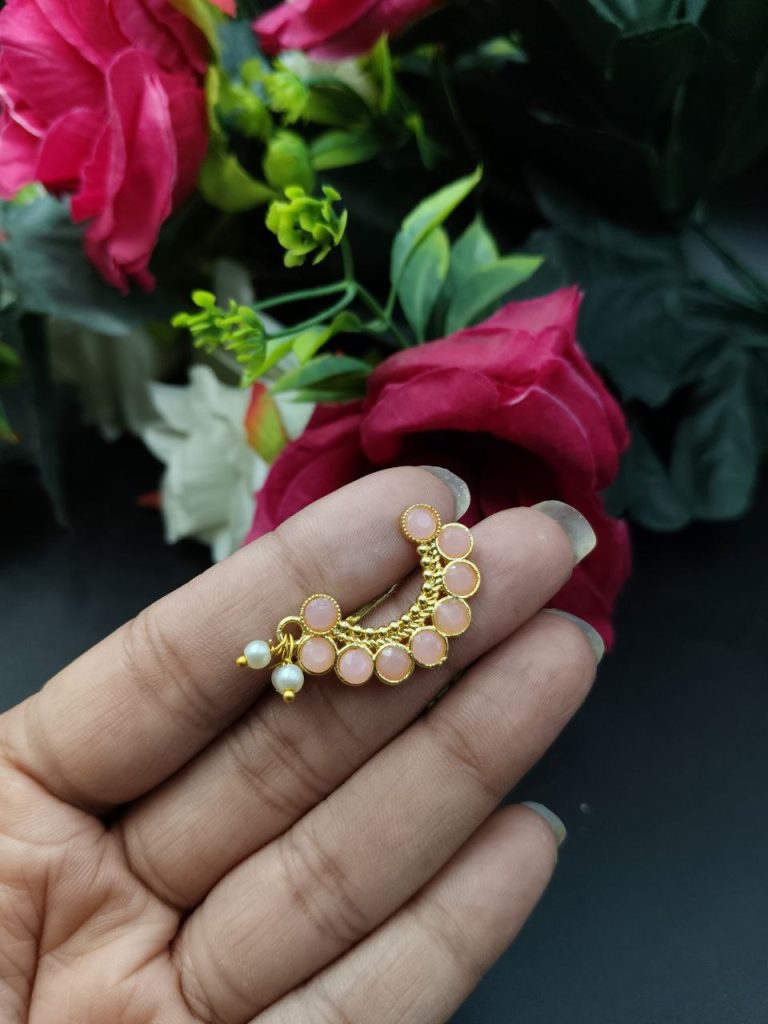 Bulk 1058 Best Handcrafted Gold Plated Nosepin with Stone and Pearl Detailing - "Baby Pink"