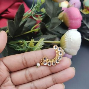Best Handcrafted Gold Plated Nosepin with Stone and Pearl Detailing - color: "White"