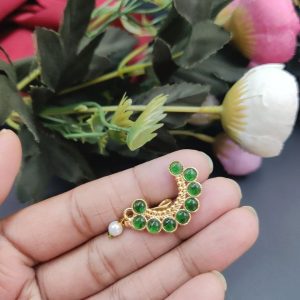 Best Handcrafted Gold Plated Nosepin with Stone and Pearl Detailing - color: "Green"