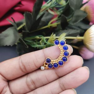Best Handcrafted Gold Plated Nosepin with Stone and Pearl Detailing - color: "Blue"