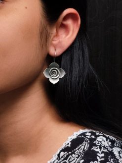oxidized silver rose stud earrings, ethnic replica jewelry