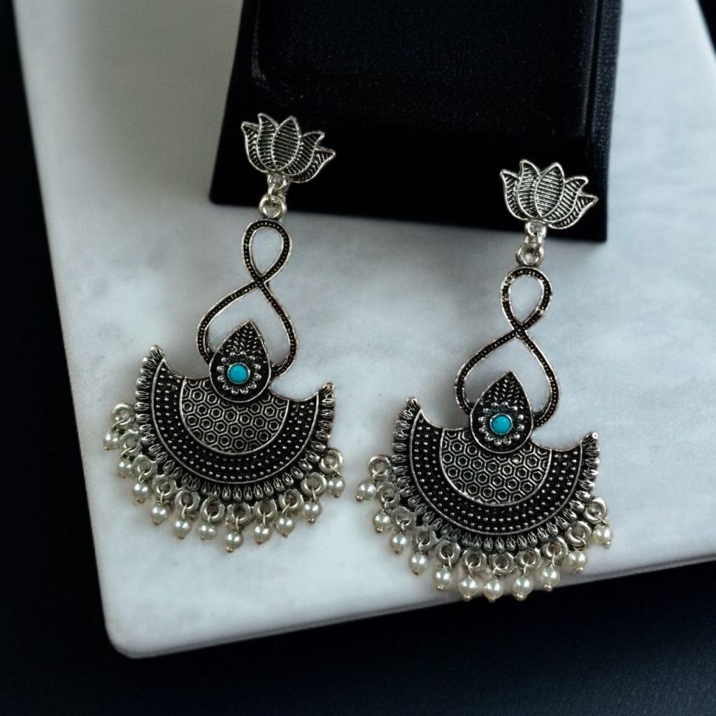Bulk 1054 Silver Plated Lotus Chandbali Earrings | Pearl & Stone Unique Dangler Jewelry - "Aqua"