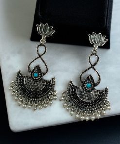 silver plated chandbali, lotus earrings, pearl dangler jewelry, traditional earrings, ethnic jewelry, festive wear, wedding earrings, stone earrings, Indian jewelry, statement earrings