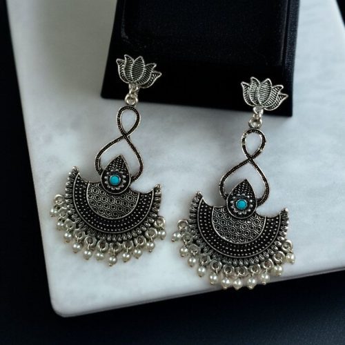 silver plated chandbali, lotus earrings, pearl dangler jewelry, traditional earrings, ethnic jewelry, festive wear, wedding earrings, stone earrings, Indian jewelry, statement earrings