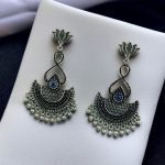 Silver Plated Lotus Chandbali Earrings | Pearl & Stone Unique Dangler Jewelry - "Blue"