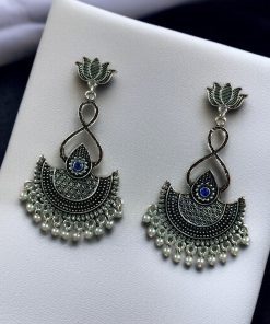silver plated chandbali, lotus earrings, pearl dangler jewelry, traditional earrings, ethnic jewelry, festive wear, wedding earrings, stone earrings, Indian jewelry, statement earrings