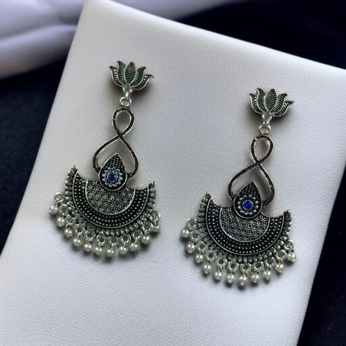 silver plated chandbali, lotus earrings, pearl dangler jewelry, traditional earrings, ethnic jewelry, festive wear, wedding earrings, stone earrings, Indian jewelry, statement earrings