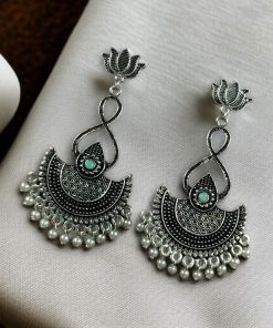silver plated chandbali, lotus earrings, pearl dangler jewelry, traditional earrings, ethnic jewelry, festive wear, wedding earrings, stone earrings, Indian jewelry, statement earrings