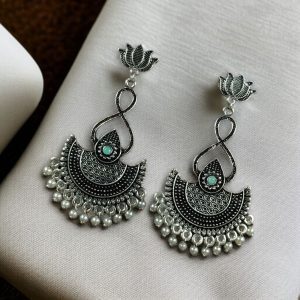 Silver Plated Lotus Chandbali Earrings | Pearl & Stone Unique Dangler Jewelry - color: "Mint"