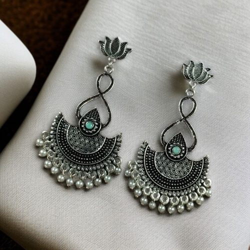 silver plated chandbali, lotus earrings, pearl dangler jewelry, traditional earrings, ethnic jewelry, festive wear, wedding earrings, stone earrings, Indian jewelry, statement earrings