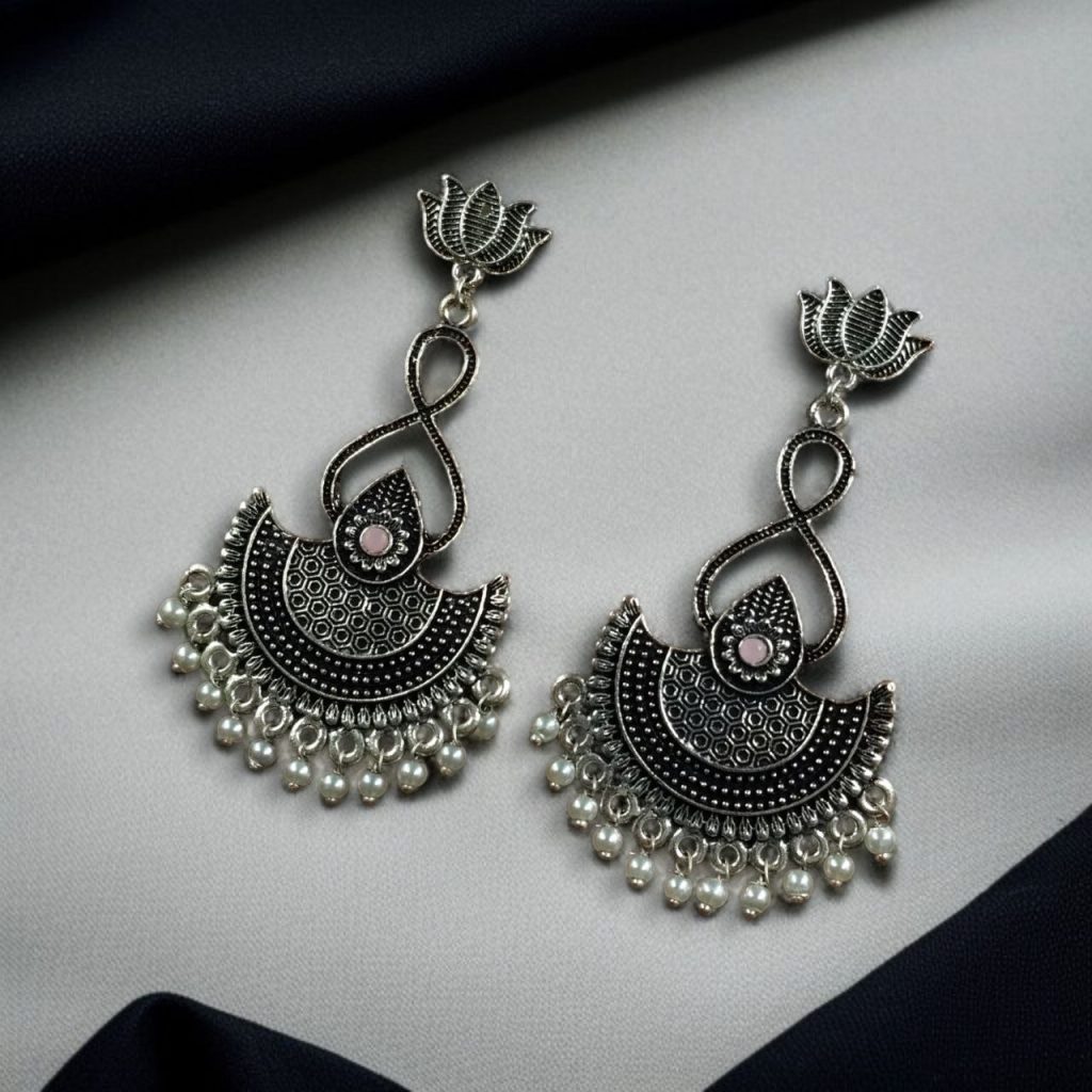 Bulk 1042 Silver Plated Lotus Chandbali Earrings | Pearl & Stone Unique Dangler Jewelry - "Baby Pink"