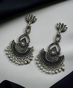 silver plated chandbali, lotus earrings, pearl dangler jewelry, traditional earrings, ethnic jewelry, festive wear, wedding earrings, stone earrings, Indian jewelry, statement earrings
