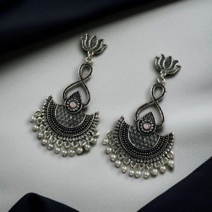 Silver Plated Lotus Chandbali Earrings | Pearl & Stone Unique Dangler Jewelry - color: "Baby Pink"