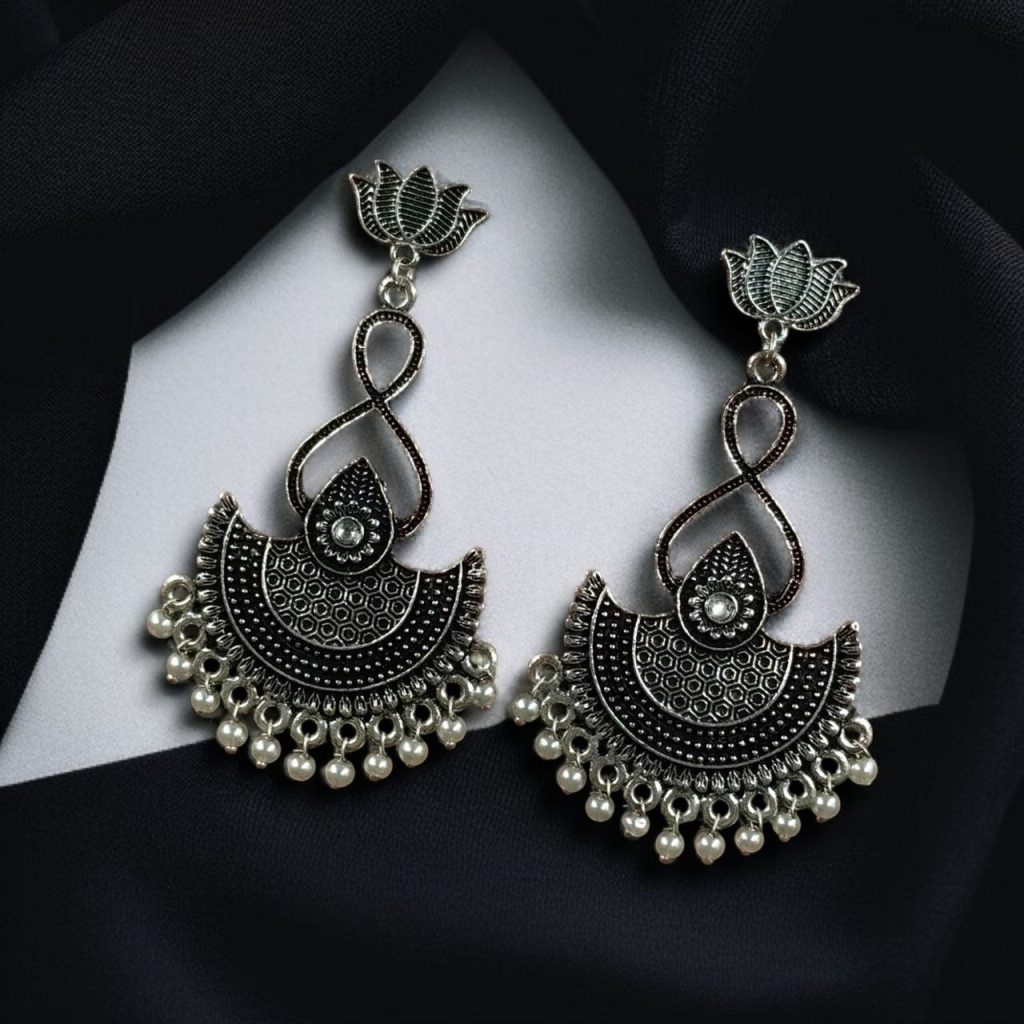 Bulk 1046 Silver Plated Lotus Chandbali Earrings | Pearl & Stone Unique Dangler Jewelry - "White"