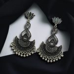 Silver Plated Lotus Chandbali Earrings | Pearl & Stone Unique Dangler Jewelry - "White"