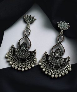 silver plated chandbali, lotus earrings, pearl dangler jewelry, traditional earrings, ethnic jewelry, festive wear, wedding earrings, stone earrings, Indian jewelry, statement earrings
