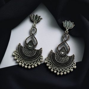 Silver Plated Lotus Chandbali Earrings | Pearl & Stone Unique Dangler Jewelry - color: "White"