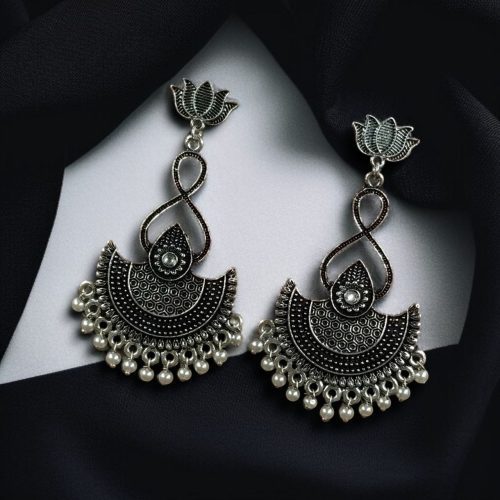 silver plated chandbali, lotus earrings, pearl dangler jewelry, traditional earrings, ethnic jewelry, festive wear, wedding earrings, stone earrings, Indian jewelry, statement earrings
