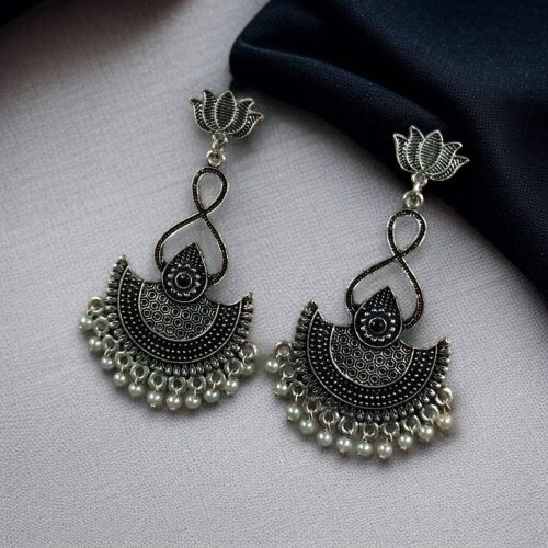 Silver Plated Lotus Chandbali Earrings | Pearl & Stone Unique Dangler Jewelry - Image 5