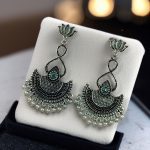 Silver Plated Lotus Chandbali Earrings | Pearl & Stone Unique Dangler Jewelry - "Green"