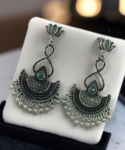 silver plated chandbali, lotus earrings, pearl dangler jewelry, traditional earrings, ethnic jewelry, festive wear, wedding earrings, stone earrings, Indian jewelry, statement earrings
