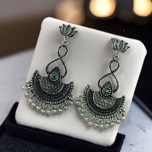 silver plated chandbali, lotus earrings, pearl dangler jewelry, traditional earrings, ethnic jewelry, festive wear, wedding earrings, stone earrings, Indian jewelry, statement earrings