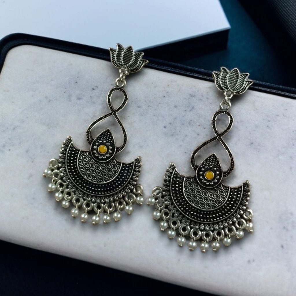 Bulk 1050 Silver Plated Lotus Chandbali Earrings | Pearl & Stone Unique Dangler Jewelry - "Yellow"