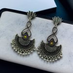 Silver Plated Lotus Chandbali Earrings | Pearl & Stone Unique Dangler Jewelry - "Yellow"